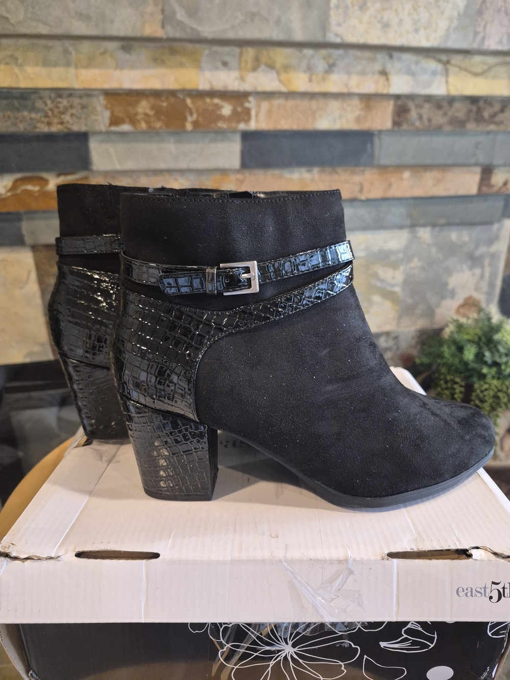 East 5th Black Suede Ankle Booties with Patent Buckle - Picture 5 of 7